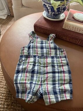 Vintage Baby Plaid Shortalls - Navy, Green & White 100% cotton